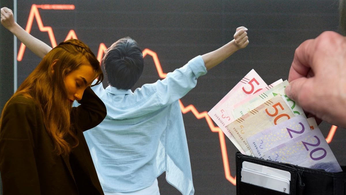 En röd graf i bakgrunden och framför syns en kvinna som ser ut att fundera, en person med utsträckta armar och en plånbok med sedlar i olika valörer.