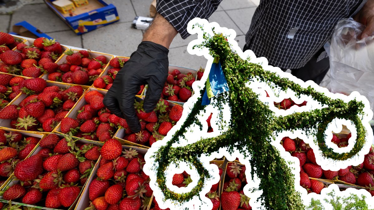 Jordgubbslådor i bakgrunden. En utklippt midsommarstång till höger.