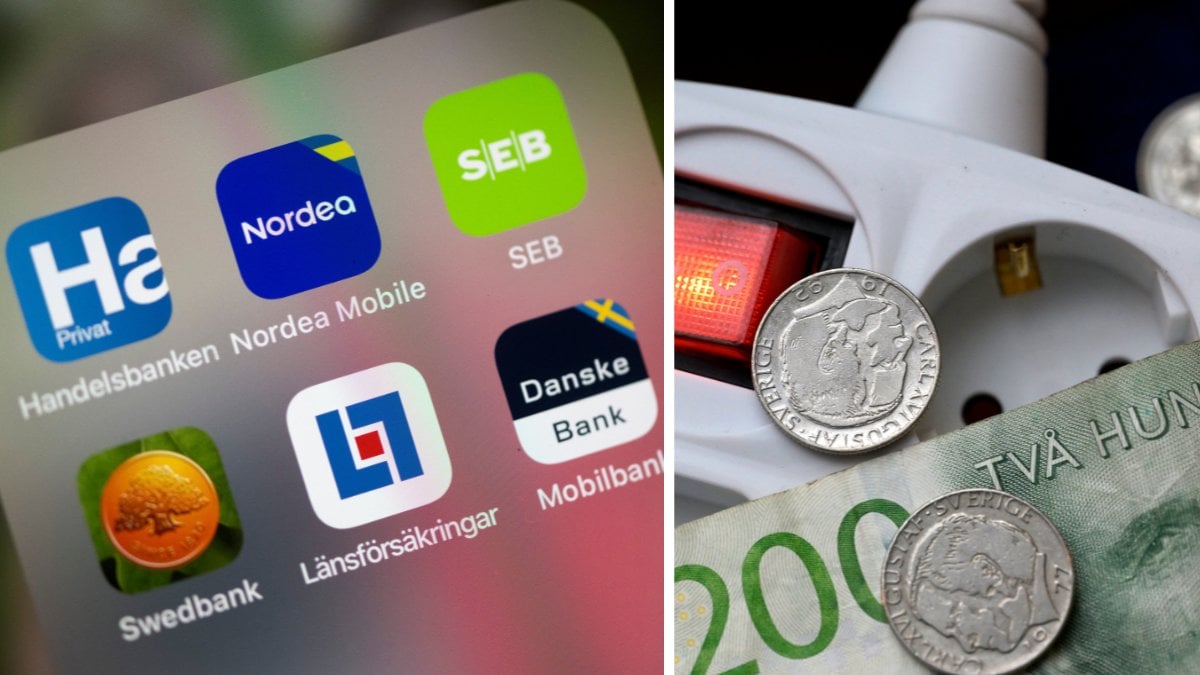 Bank-appar på en mobil vänster. Pengar som ligger på ett kontaktuttag höger.