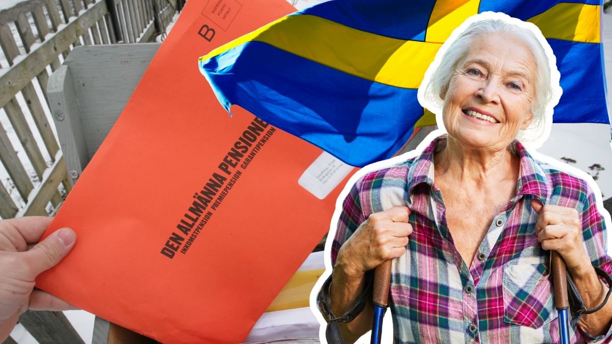 Pensionsbesked, en kvinna och svenska flaggan.