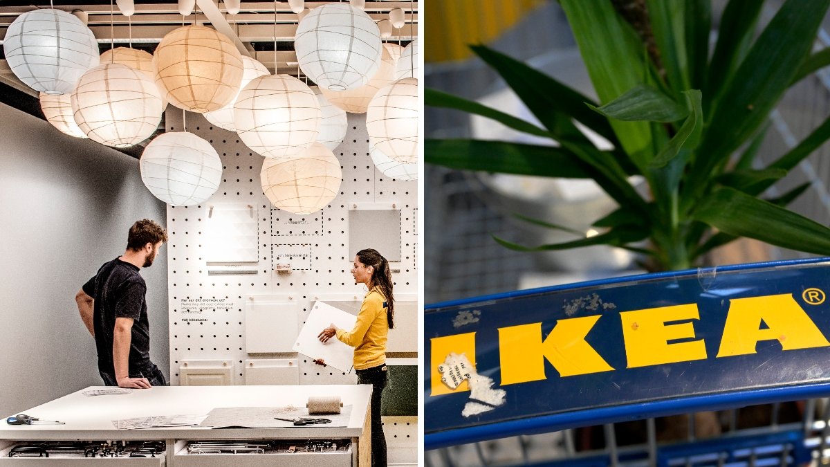 Bilder på Ikeas personal och en Ikea-kundvagn.