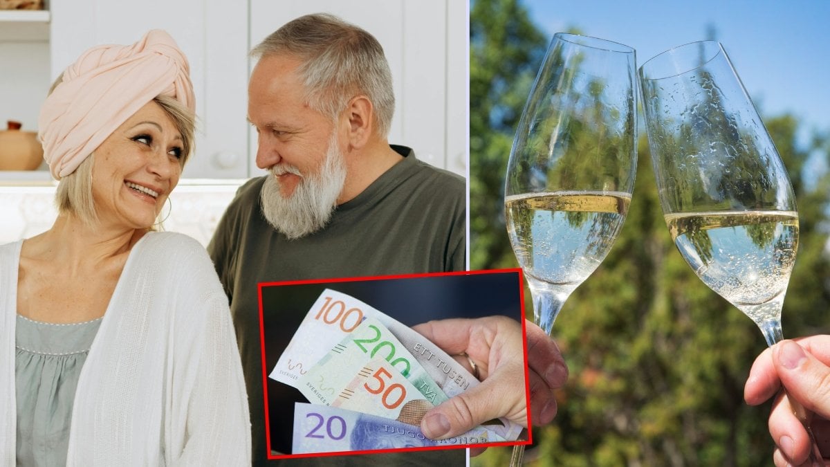 Äldre par, pengar och bubbelglas.