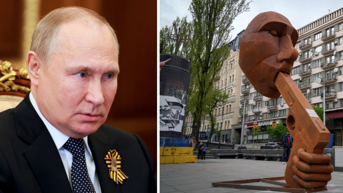 Konstverket föreställer Putin med en pistol mot munnen.