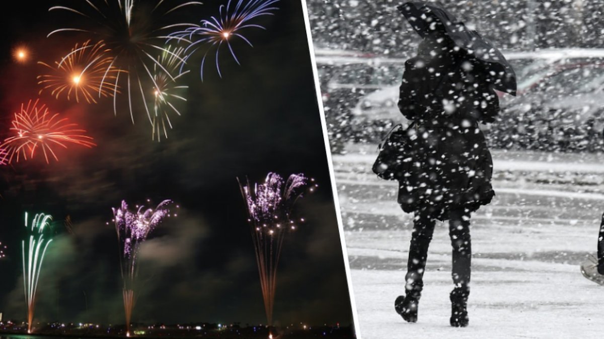 Fyrverkerier, en kvinna som går i snö
