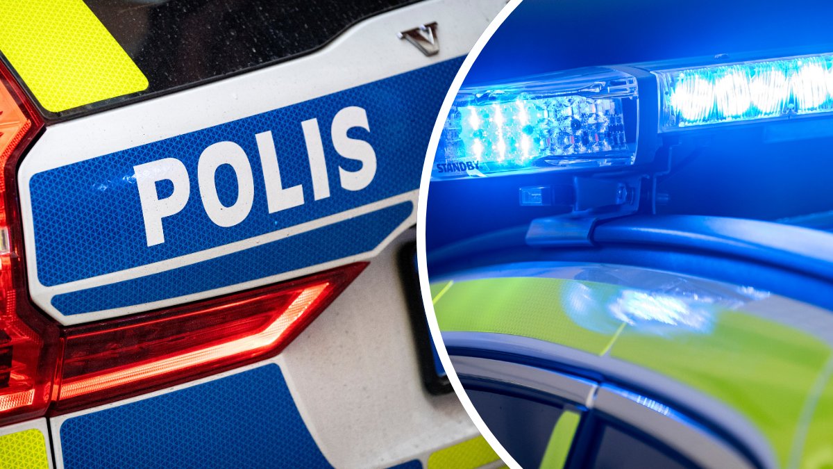 Polisbil vänster. Blåljus höger.