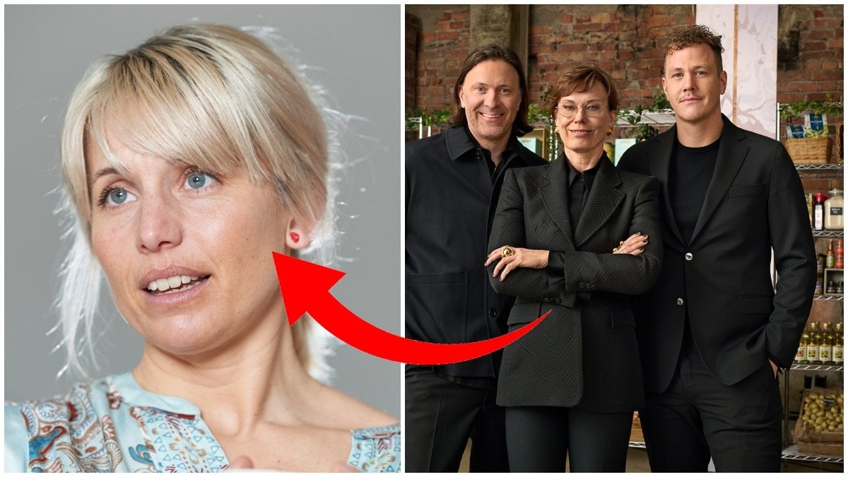En närbild där Tina Nordström står och tittar till vänster. Jämte syns en bild på originaljuryn, alltså Niklas Ekstedt, Thomas Sjögren och Mischa Billing.