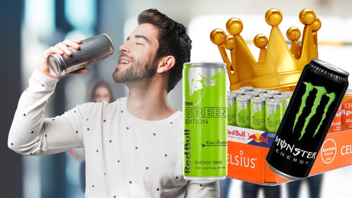Man dricker energidryck, Monster, Red Bull och Celsius 