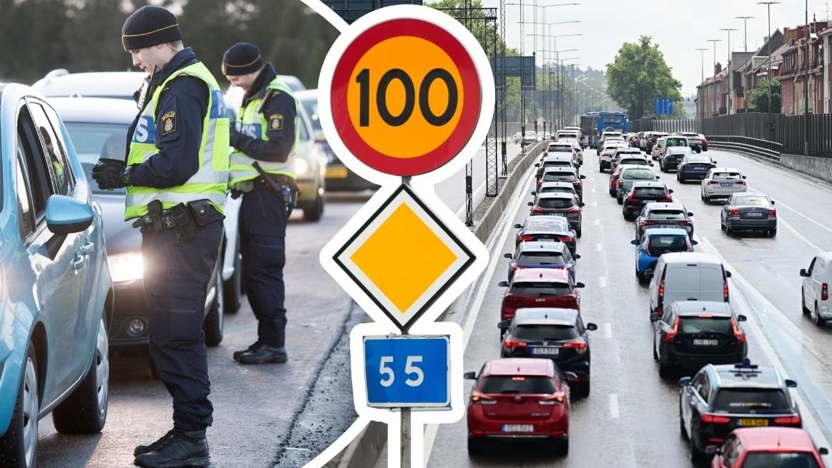 Poliskontroll, hastighetsskylt och trafik i Stockholm