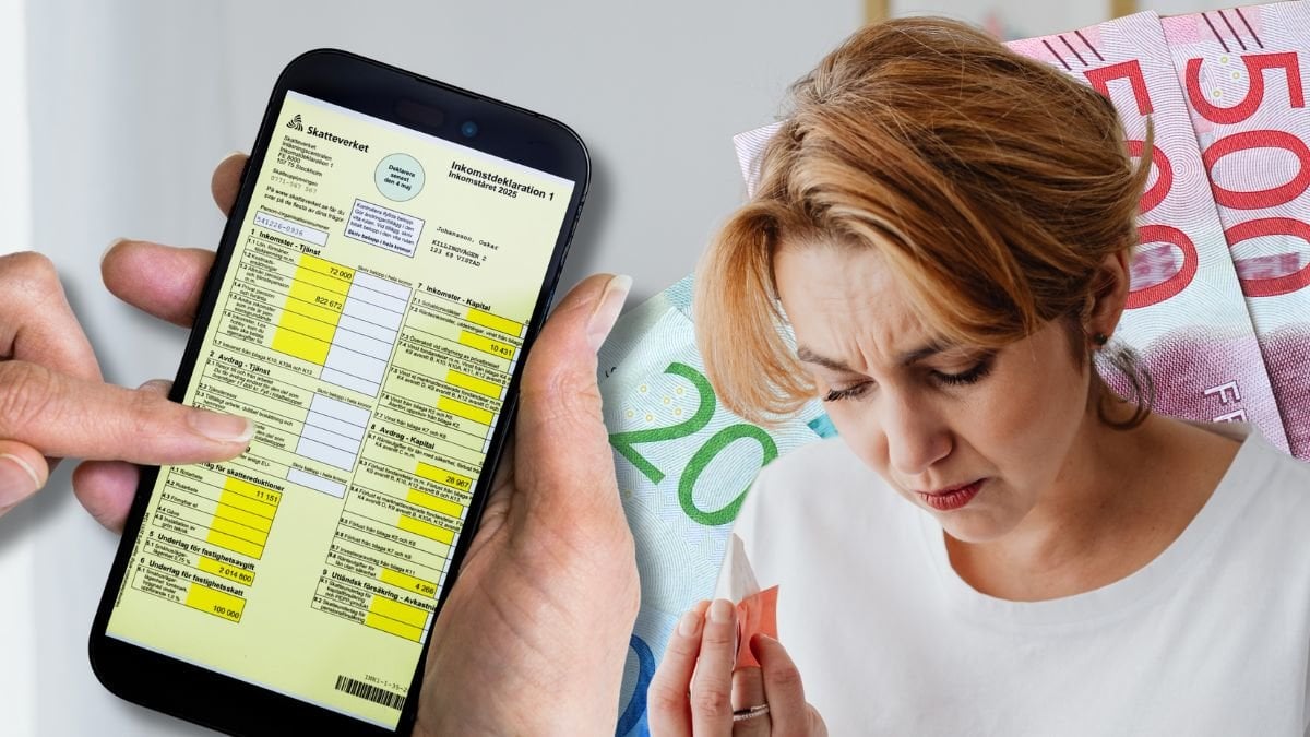 Inkomstdeklaration i Skatteverkets app, bekymrad kvinna och svenska sedlar