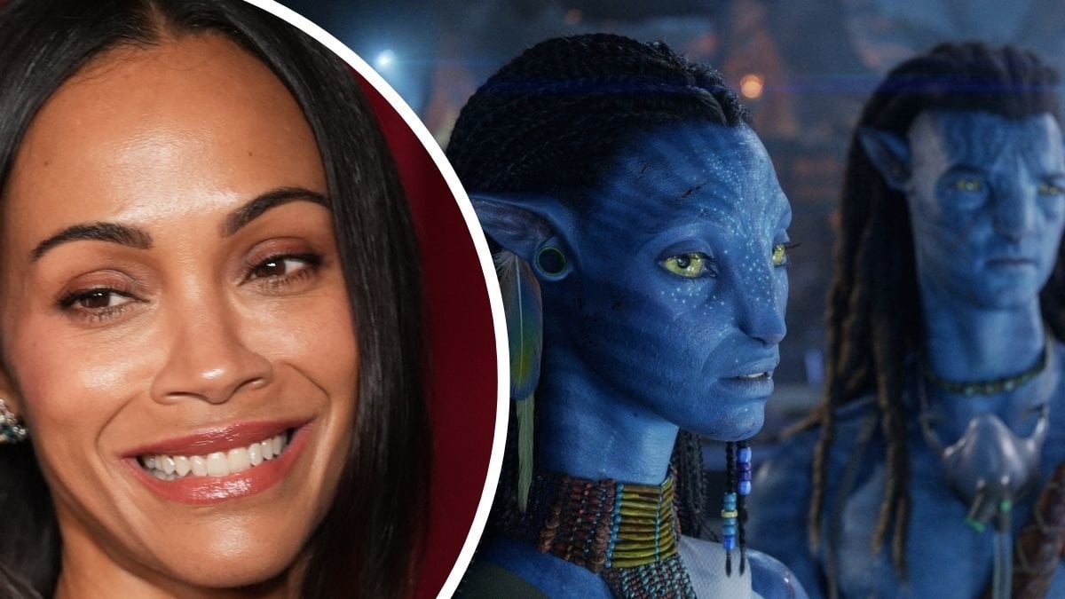 Zoe Saldaña och en bild ur Avatar: Fire and Ash. 