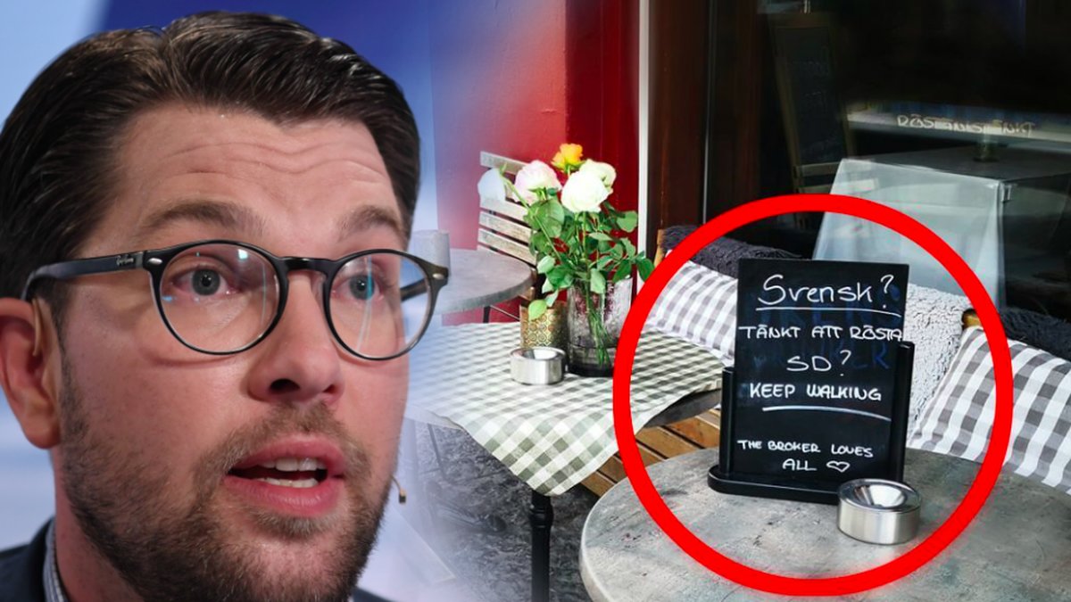 Bild på Jimmie Åkesson och skylten som portar SD-väljare. Montage