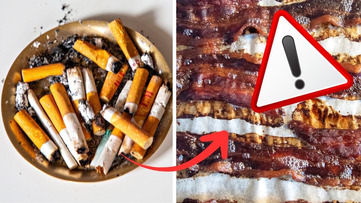 Cigaretter till vänster, bacon till höger.