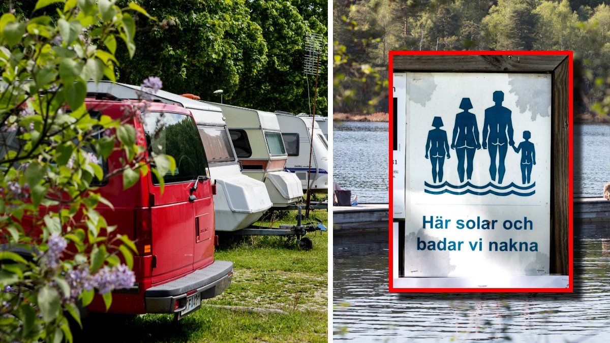 Flera husbilar på parkering och en skylt där det står här badar och solar vi nakna.