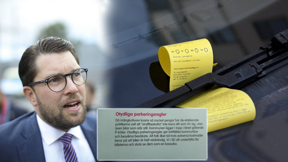 Jimmie Åkesson, valmanifest för SD, bil med parkeringsböter. 