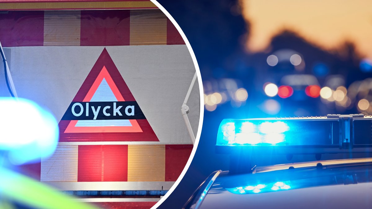 olycka-skylt vänster. Blåljus polisbil höger.