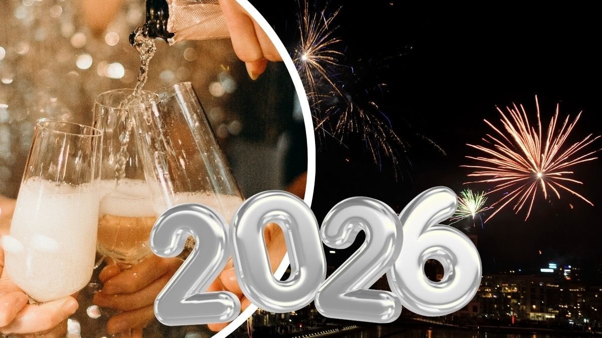 Skål med champagneglas och fyrverkerier