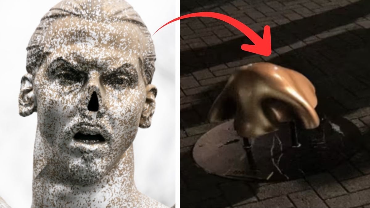 Zlatanstatyn utan näsa till vänster. Den nya 3D replikan till höger.
