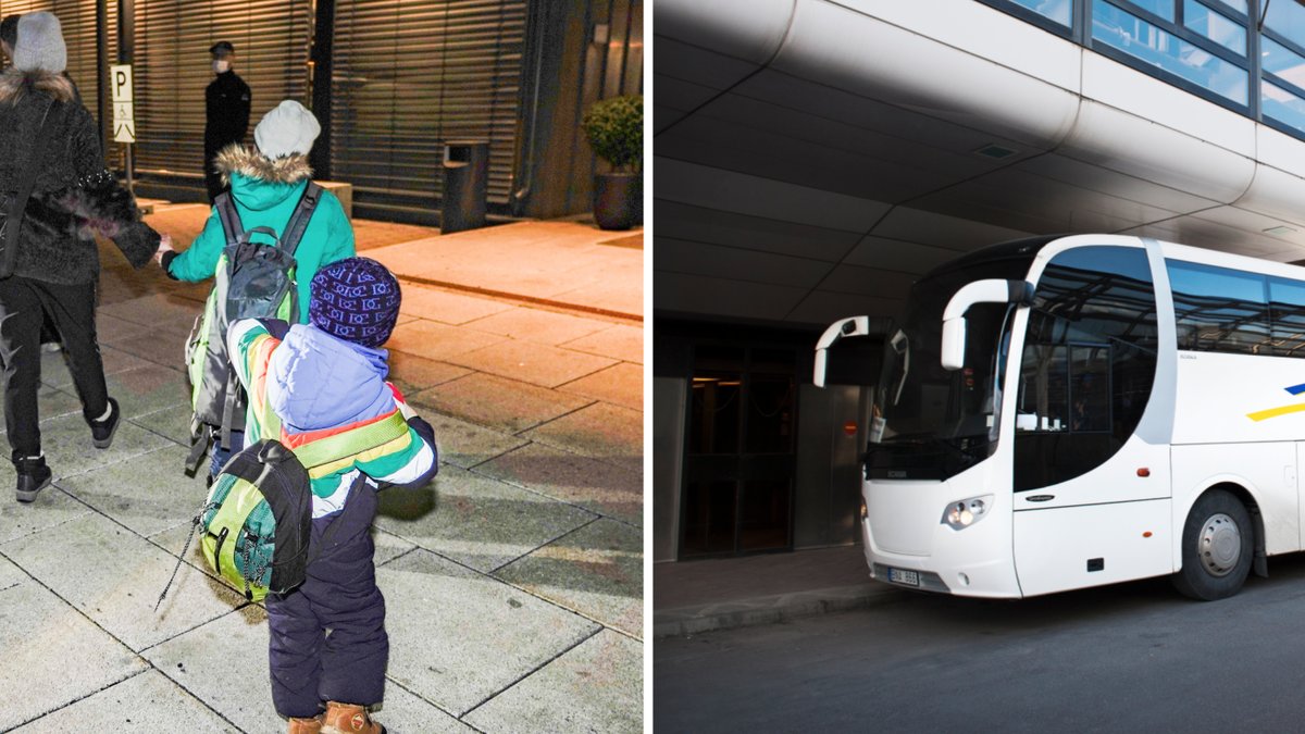 Bild på flyktingbarn från Ukraina. Genrebild på buss.