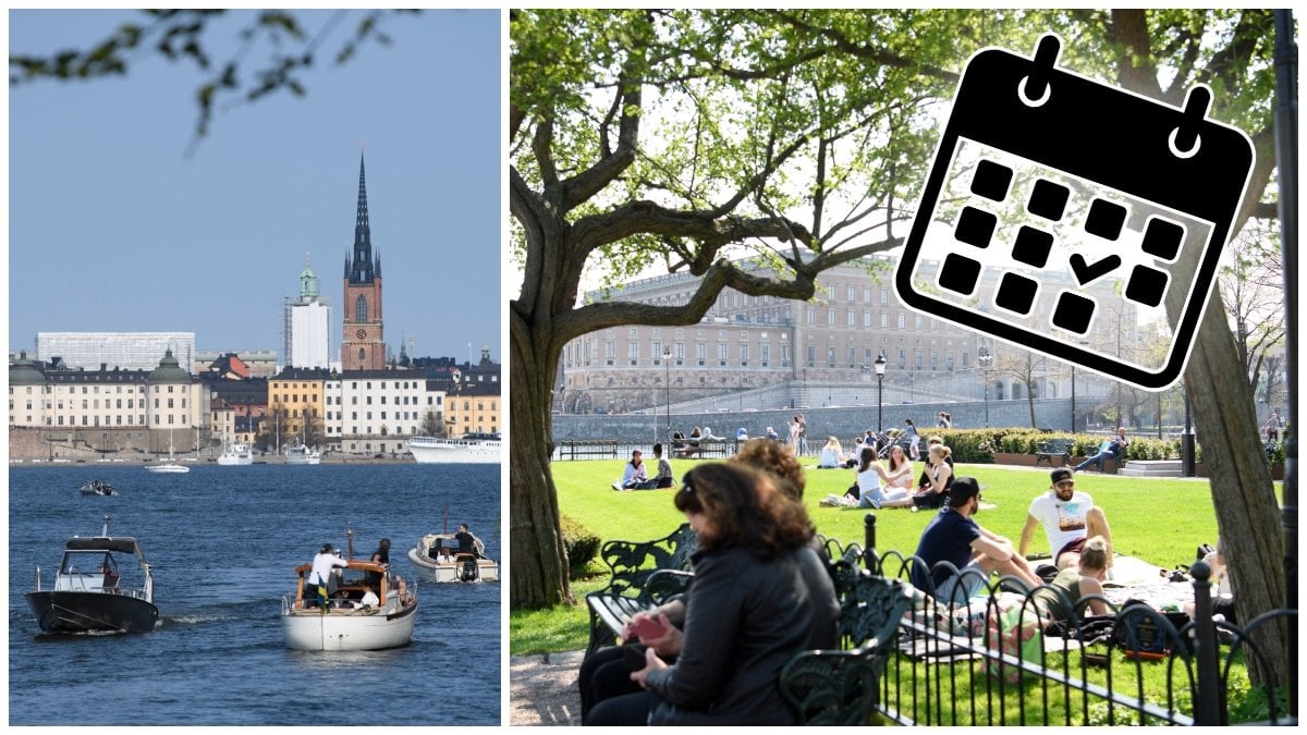 Båtar i Pålsundet i Stockholm och människor i solen i Kungsträdgården i Stockholm