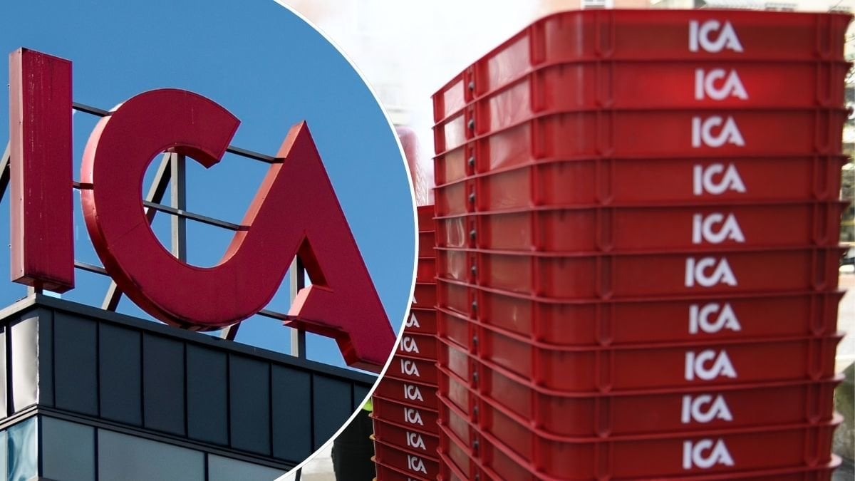 Bilder på Ica-skylt och Icas kundkorgar.