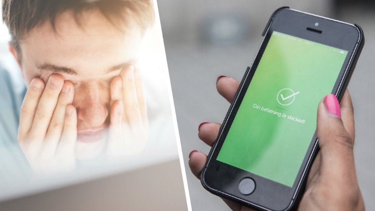 En person som är ledsen och en mobil med appen-swish