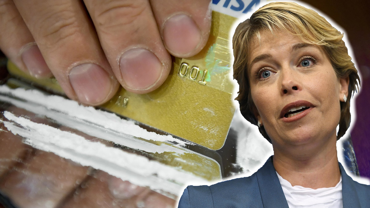 Annika Strandhäll inklippt framför en lina kokain. 