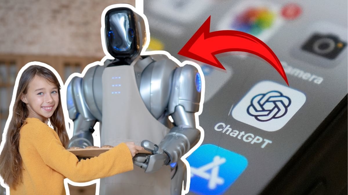 Tjej med robot vänster. Chat GPT-ikon höger.