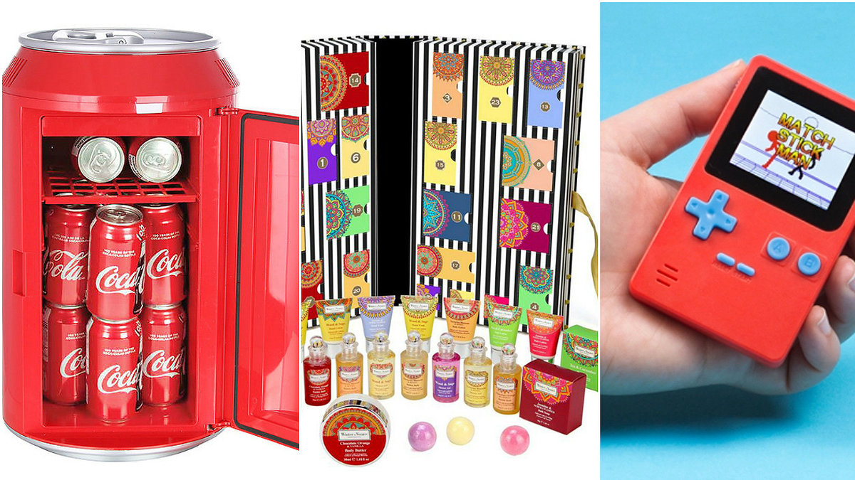 Coca-Cola-kyl, adventskalender med skönhetsprodukter och Gameboy