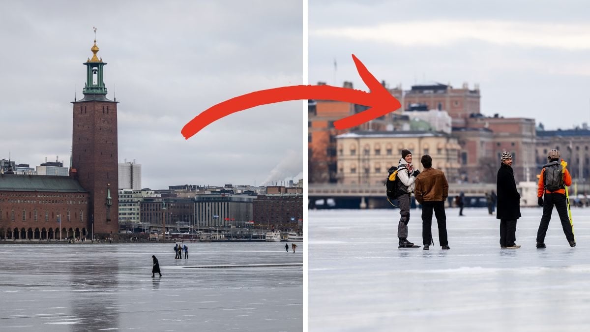 Is över mälaren Riddarholmen vänster. Personer på isen över mälaren Stockholm till höger.