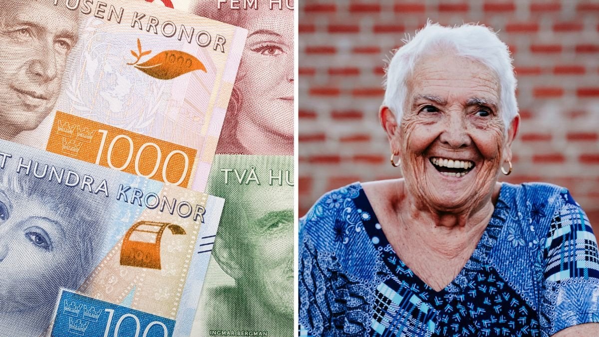 Pengar och en glad kvinna som ler.