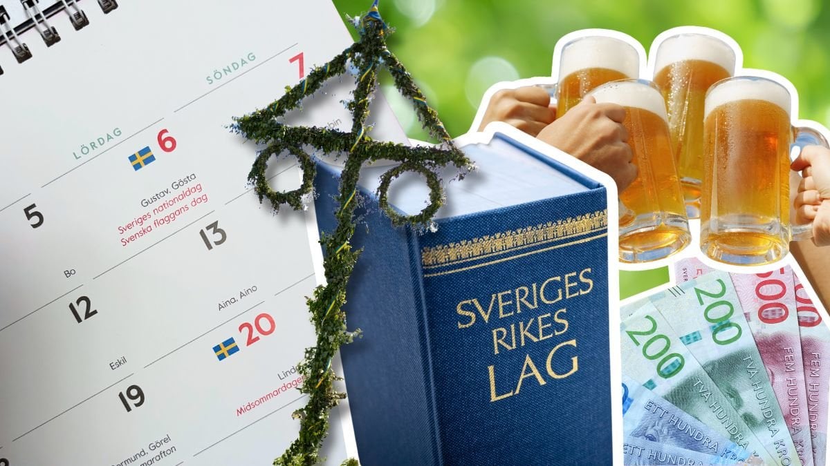 Kalender, midsommarstång, svensk lagbok, öl och svenska sedlar