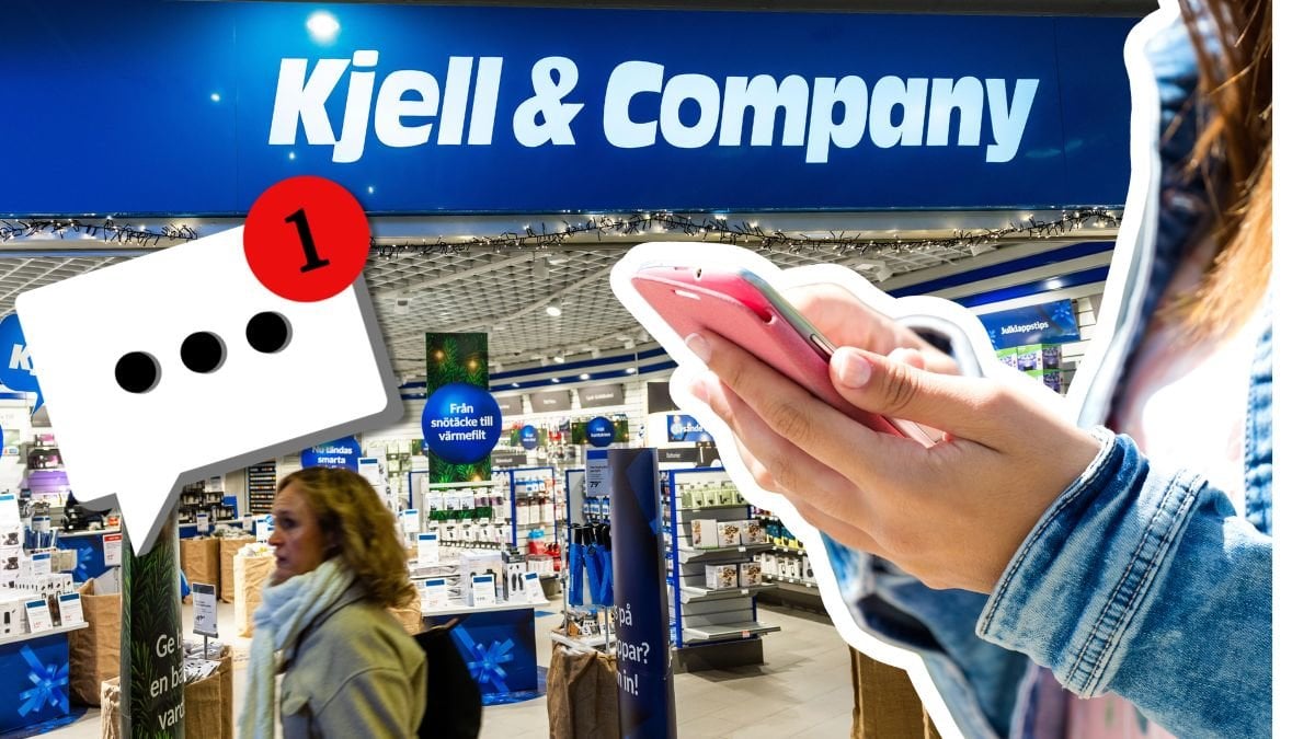 Kjell och Company-butik och person med mobil i handen
