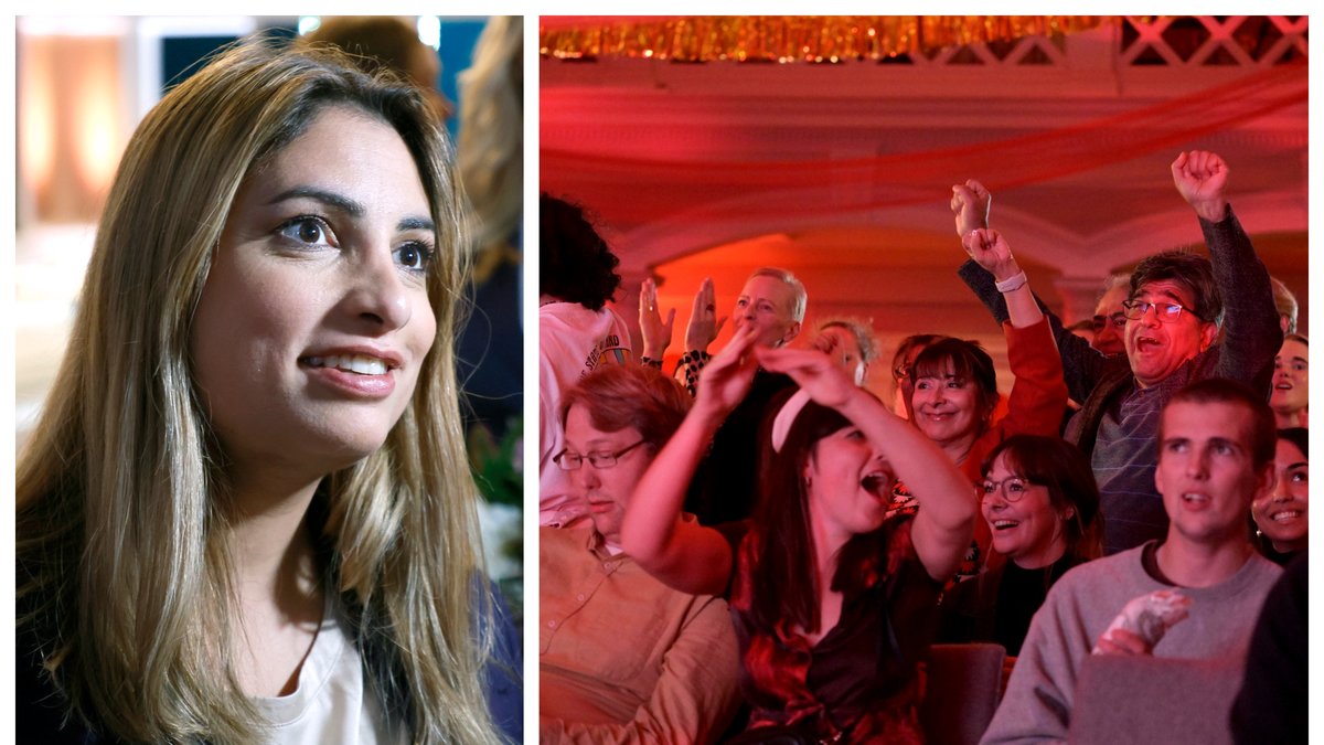 Nooshi Dadgostar (V) höll tal på Vänsterpartiets valvaka.