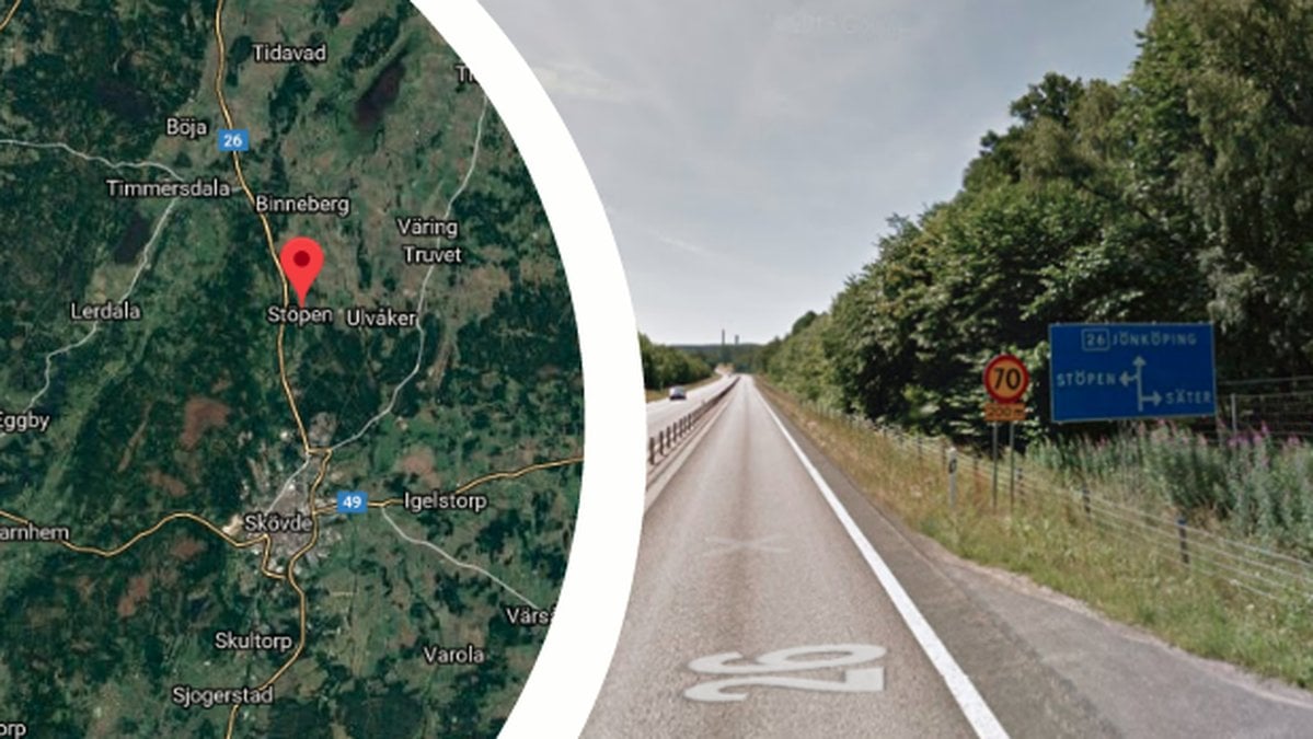Karta över Skövde. Vägskylt med ortnamn.