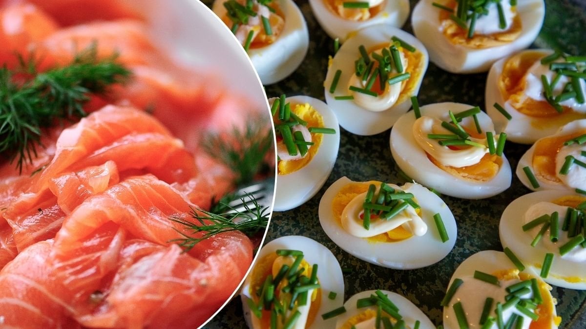 Bilder på gravad lax och ägghalvor.