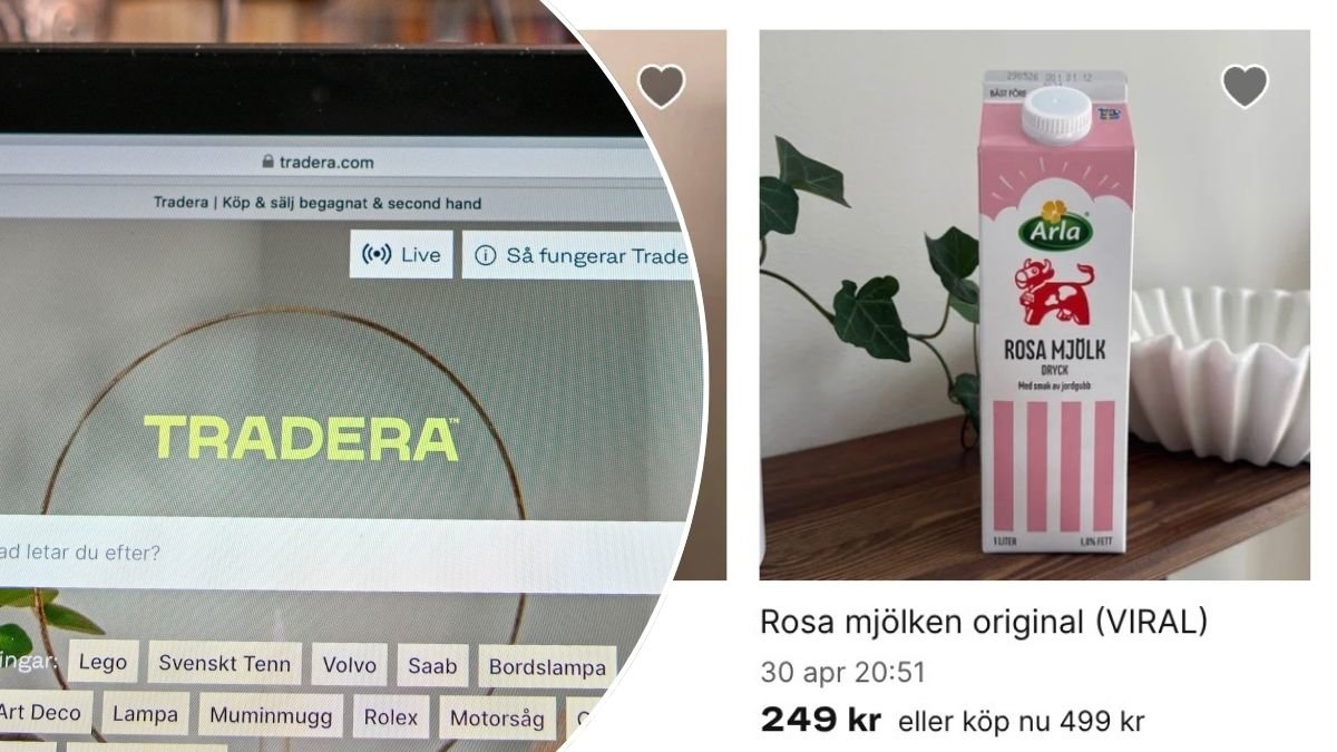 Bilder på Tradera och Arlas Rosa mjölk.
