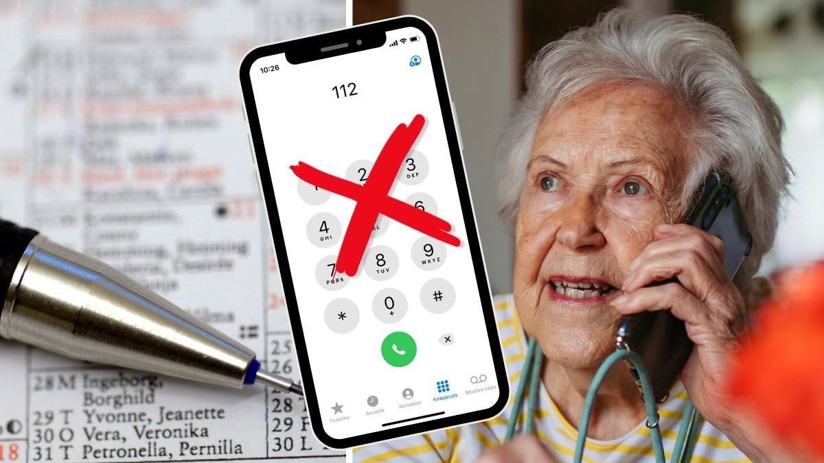 Kalender med datum, en mobiltelefon där man slagit 112 och en äldre dam med mobiltelefon
