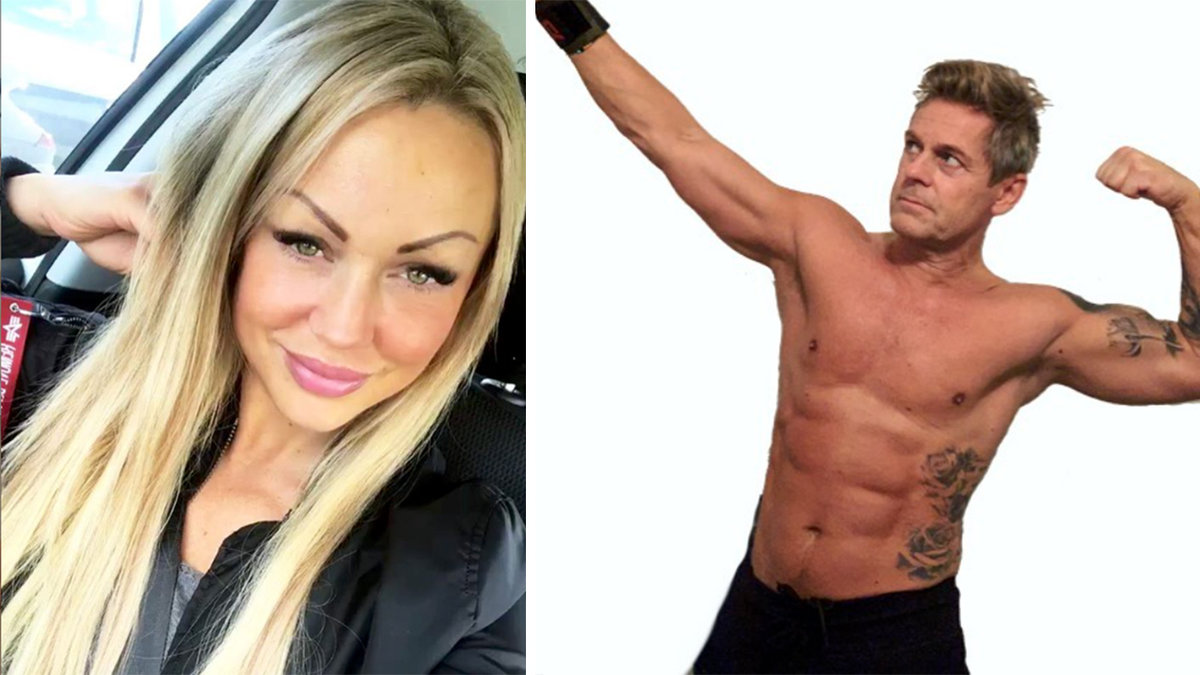 en blond kvinna, en man i bar överkropp flexar sina muskler