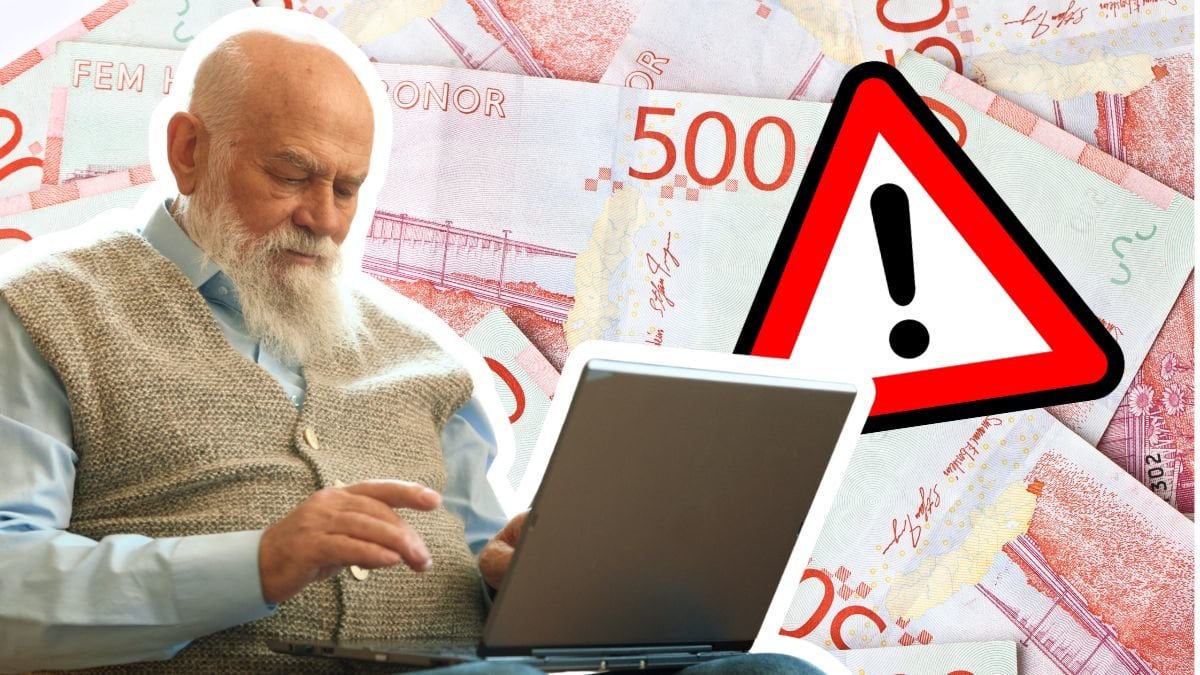 Äldre man med bärbar dator och svenska femhundralappar