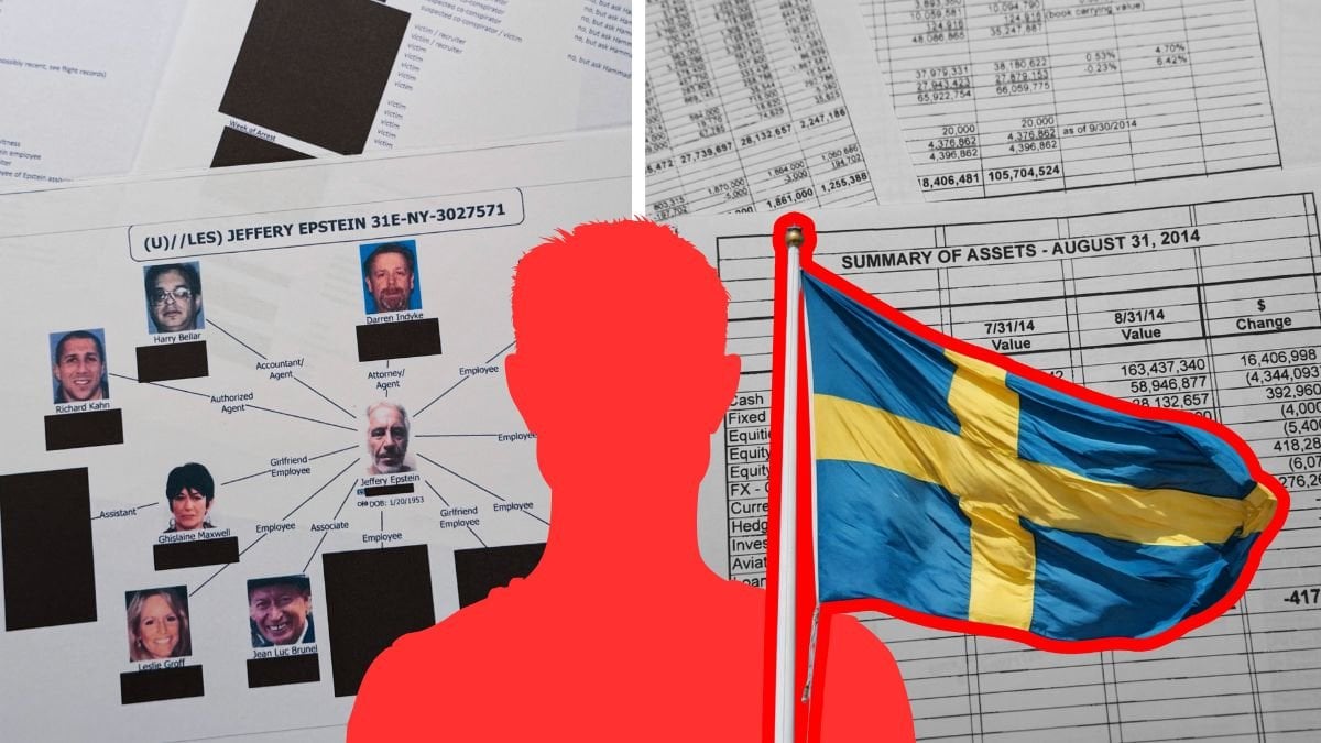 Jeffrey Epstein-dokument höger och vänster. Röd manlig siluett utklippt i mitten. Bredvid siluetten är en utklippt svensk flagga.
