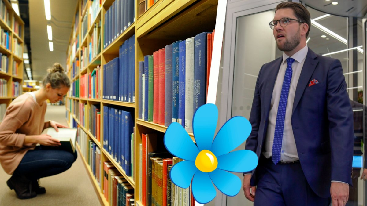 ung tjej på ett bibliotek. Till höger Jimmie Åkesson. Montage
