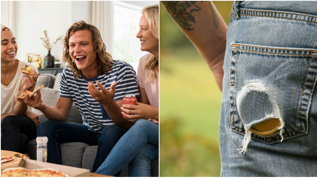 Vänner som äter pizza, kille med snusdosa i bakfickan
