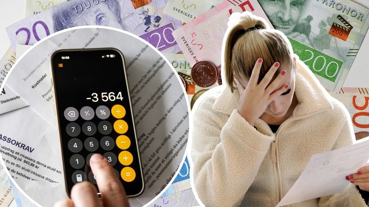 Miniräknare, kvinna med en faktura i handen och pengar i bakgrunden.