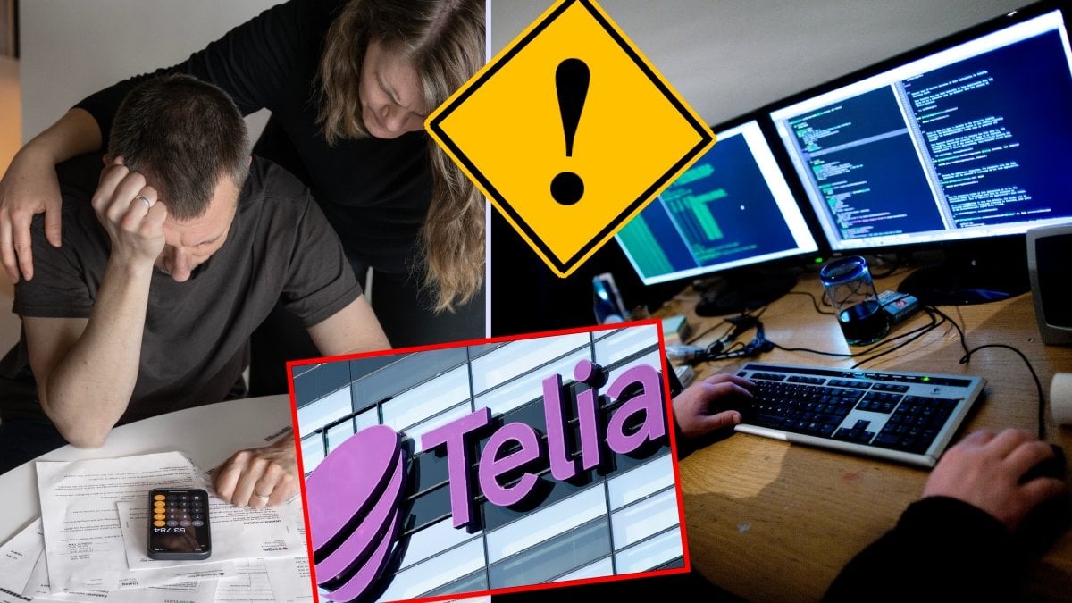 Ledsen man, en hacker vid datorn och Telias logga.