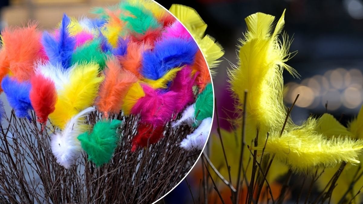 Påskris med fjädrar.