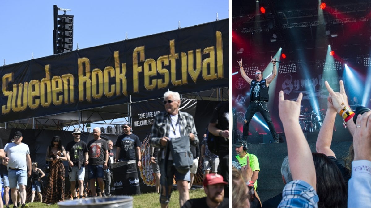 Sweden Rock ingången vänster. Publiken framför scen på Sweden Rock 2016 höger.