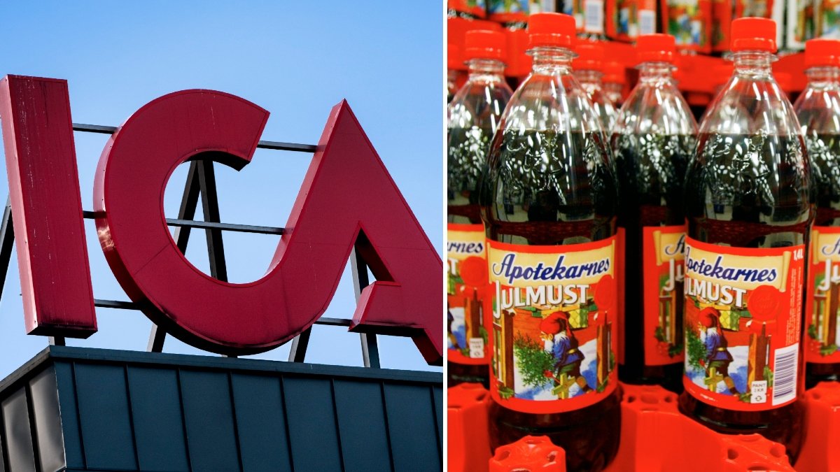 Bild på julmust och en Ica-skylt.