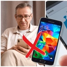 Man med mobiltelefon, en Samsung Galaxy S5 och BankID-appen