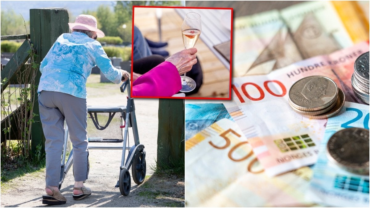 Äldre person, norska valörer och bubbelglas.
