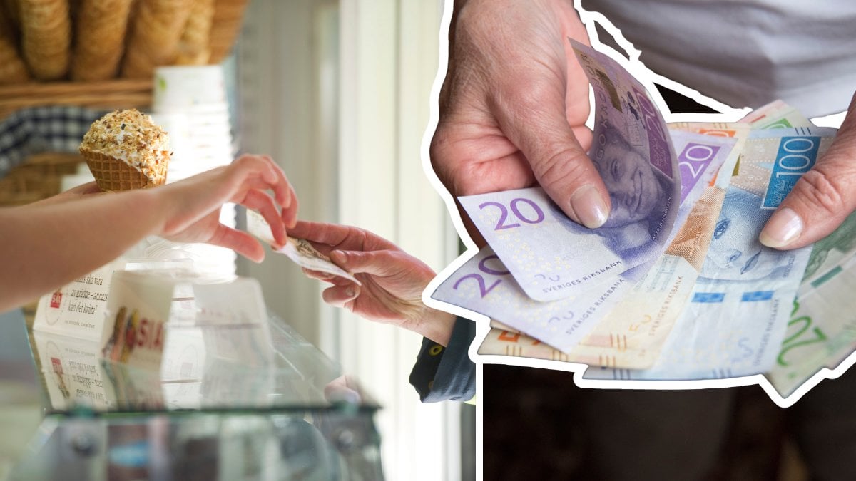Person i en glasskiosk som serverar en kund vänster. Person som håller i kontanter höger. 
